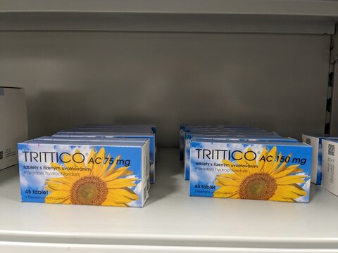 Prague, Czech Republic - SEPTEMBER 13 2024: TRITTICO AC 150 mg box of medication with TRAZODONE active substance by ANGELINI, used for treatment of depression and anxiety.

