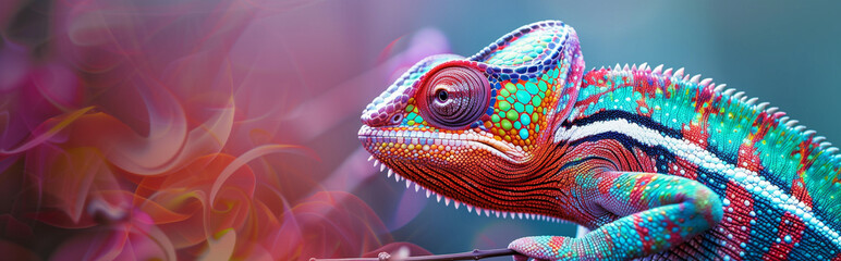 Colorful chameleon close-up against a vibrant blurred background