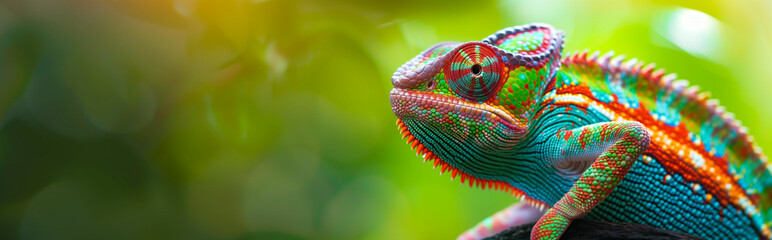 Banner with colorful rainbow chameleon on a branch with a vibrant green bokeh background