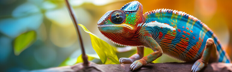 Vibrant chameleon perched on a branch in a colorful tropical setting