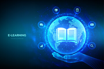 E-learning. Innovative online education technology concept. World map point and line composition. Earth planet globe in hand. Webinar, online training courses. Skill development. Vector illustration.