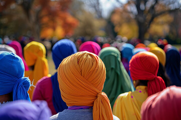 A group of people wearing colorful turbans and scarves