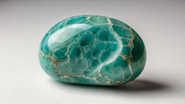 Polished amazonite stone with plain white background