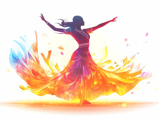 Flat Dancer in Glowing Abstract Aura: Traditional Performer Amid Cultural Patterns and Rangoli Designs - Dynamic Vector Illustration