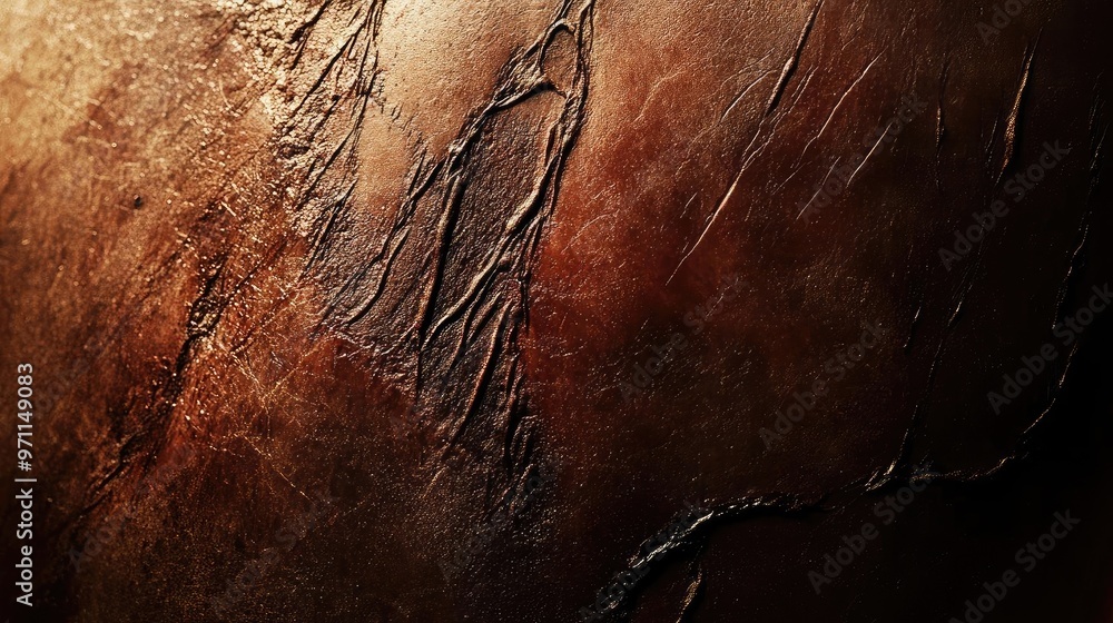 Poster close-up image of textured leather with intricate patterns and rich, warm tones, ideal for backgroun