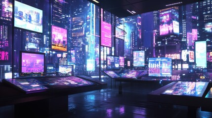 A futuristic digital exhibition space with vibrant screens and neon lights.