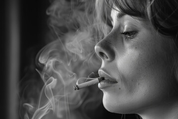 Fototapeta premium A woman is smoking a cigarette and the smoke is filling the room