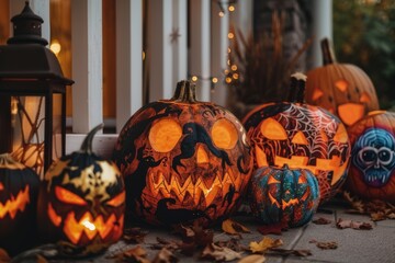 Halloween glowing jack-o'-lanterns on porch