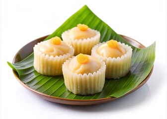 A single serving of traditional Thai dessert, Kanom Khai Yaang, photographed against a clean white background to highlight its unique texture.
