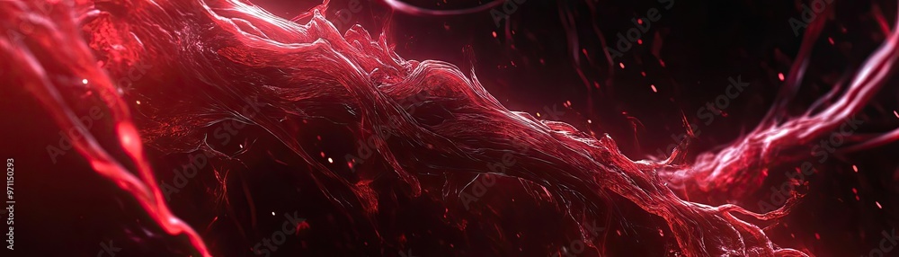 Poster dynamic red abstract art featuring flowing lines and rich textures on a dark background, perfect for
