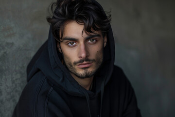 Fototapeta premium A man with a beard and a black hoodie is standing in front of a wall