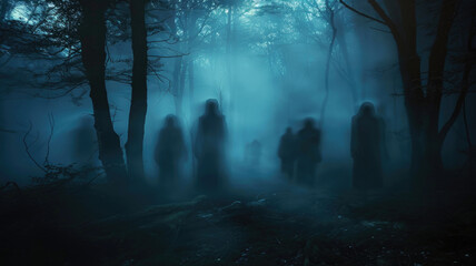 Haunted forest with shadowy ghosts emerging from the fog at night