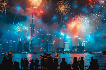Obraz premium A group of people are watching fireworks over a city