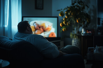 Fototapeta premium Very overweight person watching a favorite TV series, relaxing entertainment. A man is comfortably sitting on a couch while watching a television