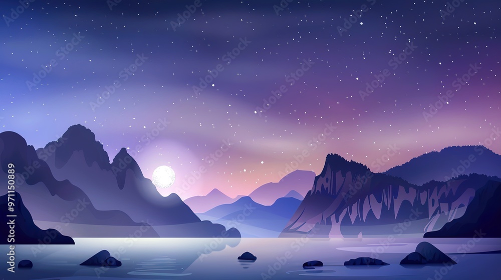 Wall mural Beautiful_night_landscape_with_mountains_sea_and