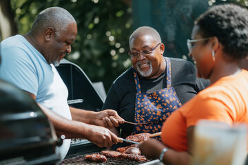 Family with plus-size members gathering for a casual barbecue, enjoyable and laid-back. A group of individuals is preparing various types of food on a grill