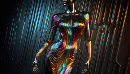 Fashion on Catwalk with Rainbow Liquid Metal Outfit