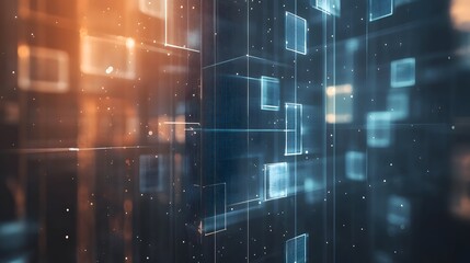 Transparent digital interfaces layered over a muted backdrop with soft focus