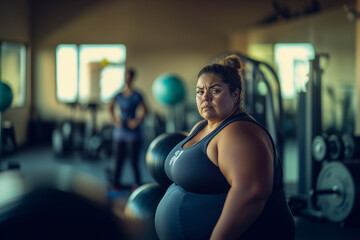 Fototapeta premium Very overweight individual attending a local fitness class, casual approach to exercise. An obese woman is standing in a gym, carefully holding a pilates ball