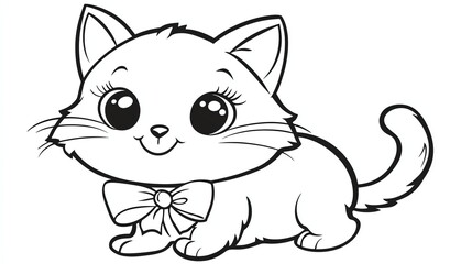 Fototapeta premium A black and white drawing of a cute cartoon kitten.
