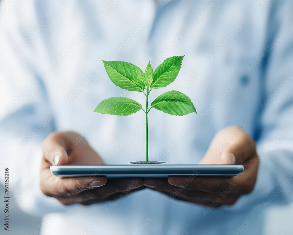 Poster a farm worker analyzing data from a weather station on a tablet