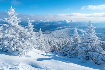 Fototapeta premium Snow-Covered Pine Trees on a Mountain Ridge with a Clear Blue Sky and Snowy Peaks in the Distance