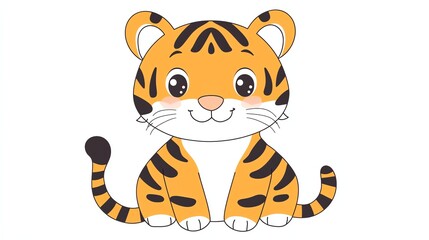 A cute cartoon tiger with black stripes and big eyes is sitting.