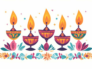 Flat Diwali Lanterns and Floral Garlands Border Frame with Ample Copy Space - Celebrating Cultural Richness and Festive Spirit in Vector Design