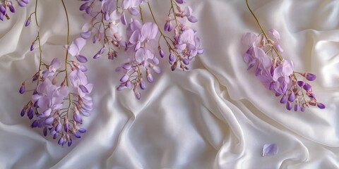 A delicate arrangement of purple flowers on a soft, silky fabric background.