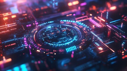 Layered holographic tech overlays on a muted background with futuristic details