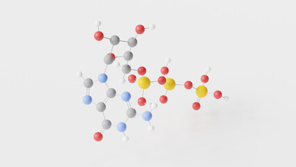 guanosine triphosphate molecule 3d, molecular structure, ball and stick model, structural chemical formula purine nucleoside triphosphate