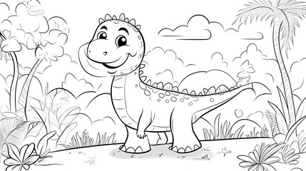 Fototapeta premium A black and white drawing of a cute cartoon dinosaur.