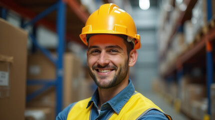 Professional Warehouse Worker Portrait in Safety Gear - Confident Smiling Male and Female Photo for Industry, Logistics, and Construction Use