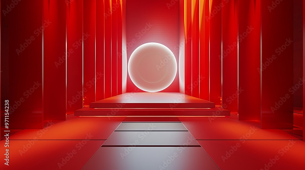Poster a high-tech 3d podium with a strong red color scheme, featuring minimalist, modernist lines. the env