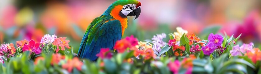 Fototapeta premium Rainbow-colored parrot perched amid vibrant rainforest flowers, capturing the exotic beauty of tropical wildlife
