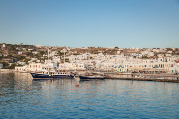 Santorini Greece June 6 2024: View of the caldera with cruise ships docked in sea. Sunny summer day