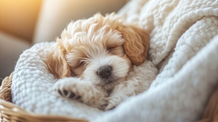 A fluffy puppy snuggled up in a basket with a soft blanket, looking cozy and content in a warm home setting -