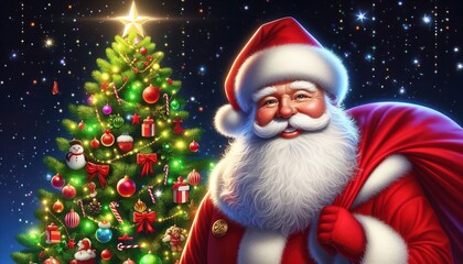 Santa Claus with a bag of gifts near the Christmas tree