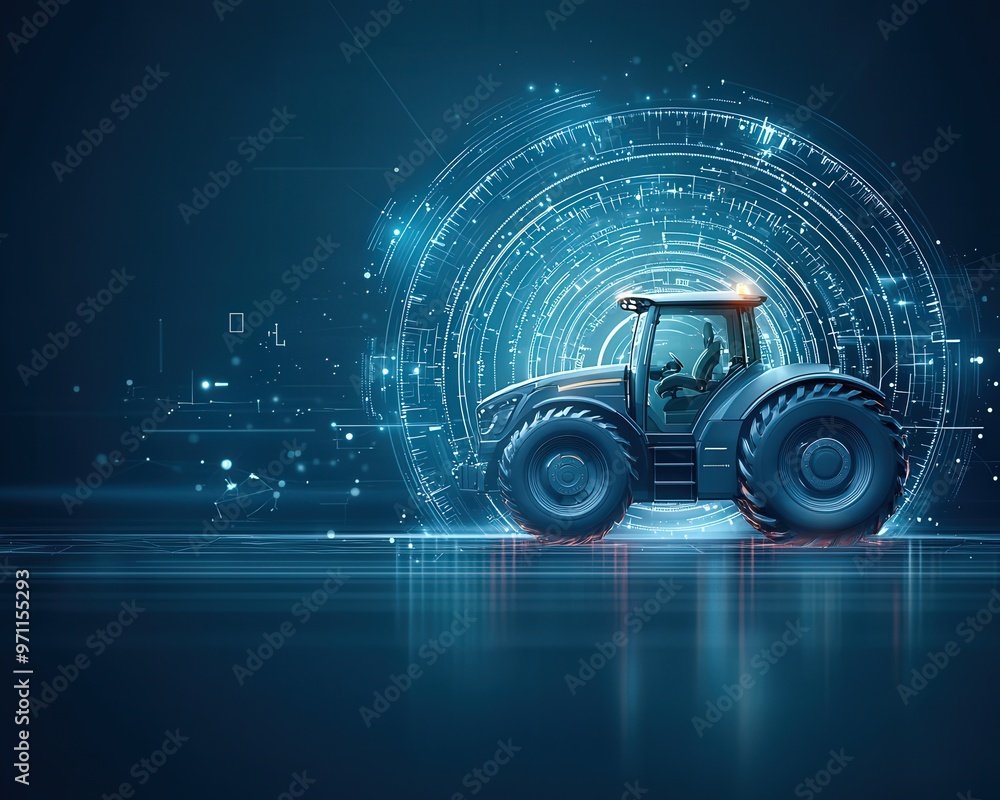 Poster a futuristic tractor operating autonomously based on weather predictions