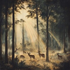 Sunbeams illuminate a woodland clearing with five deer grazing in the dappled light.
