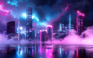 A digital artwork using chrome effects to depict a futuristic city skyline under a neon-lit sky