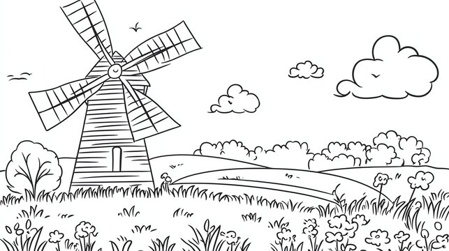 A black and white line drawing of a windmill in a field.
