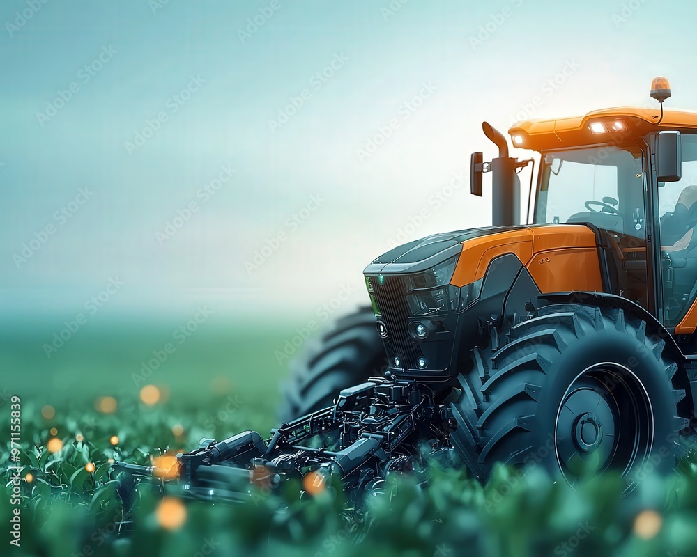 Poster a futuristic tractor operating autonomously based on weather predictions