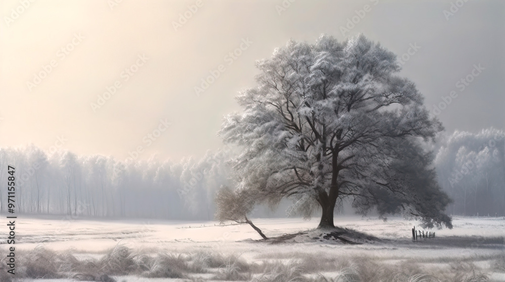 Poster a tree covered with frost and snow at the edge of the forest in winter