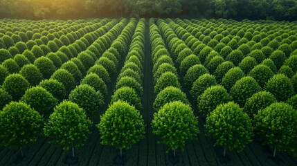 Fototapeta premium Neatly arranged rows of green trees in a sunlit orchard