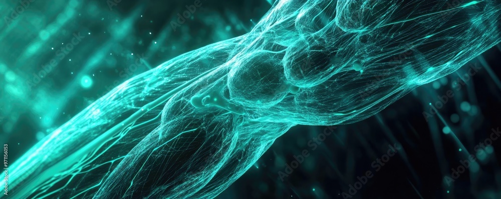 Poster abstract visualization of vibrant cellular structures, showcasing intricate details and glowing elem