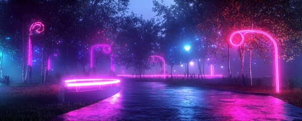 A glowing 3D animation of a city park at night, with neon lights creating a magical, illuminated atmosphere