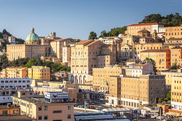 View of the port and city of Anocna in sunny spring day. Historical buildings and beautifull views.