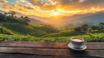 Coffee Cup on Wooden Table Overlooking Tea Plantation at Sunset in Mountain Forest. AI generated illustration