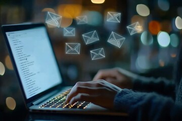 Person Typing Email with Floating Envelope Icons: Modern Digital Communication
